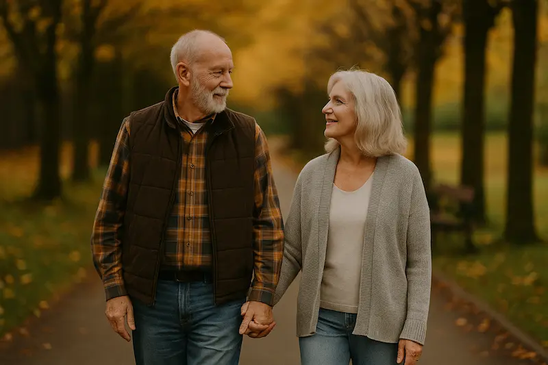 Elderly couple walking hand in hand through a park in autumn, smiling warmly at each other, representing lasting love, trust, and the long-term relationship potential of Taurus and Cancer compatibility.