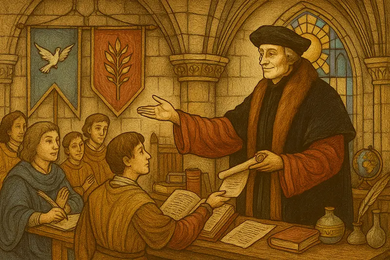 Medieval-style illustration of Desiderius Erasmus as “The Charismatic Mentor,” standing in a gothic university hall beneath arched stonework. He wears fur-lined academic robes and smiles warmly while handing a scroll to a seated student. Behind him, a stained-glass window glows with golden light, and banners featuring a dove and olive branch hang on the wall. A group of young scholars listen attentively at a wooden table covered with open books, quills, and a globe. The scene reflects wisdom, mentorship, and scholarly inspiration.
