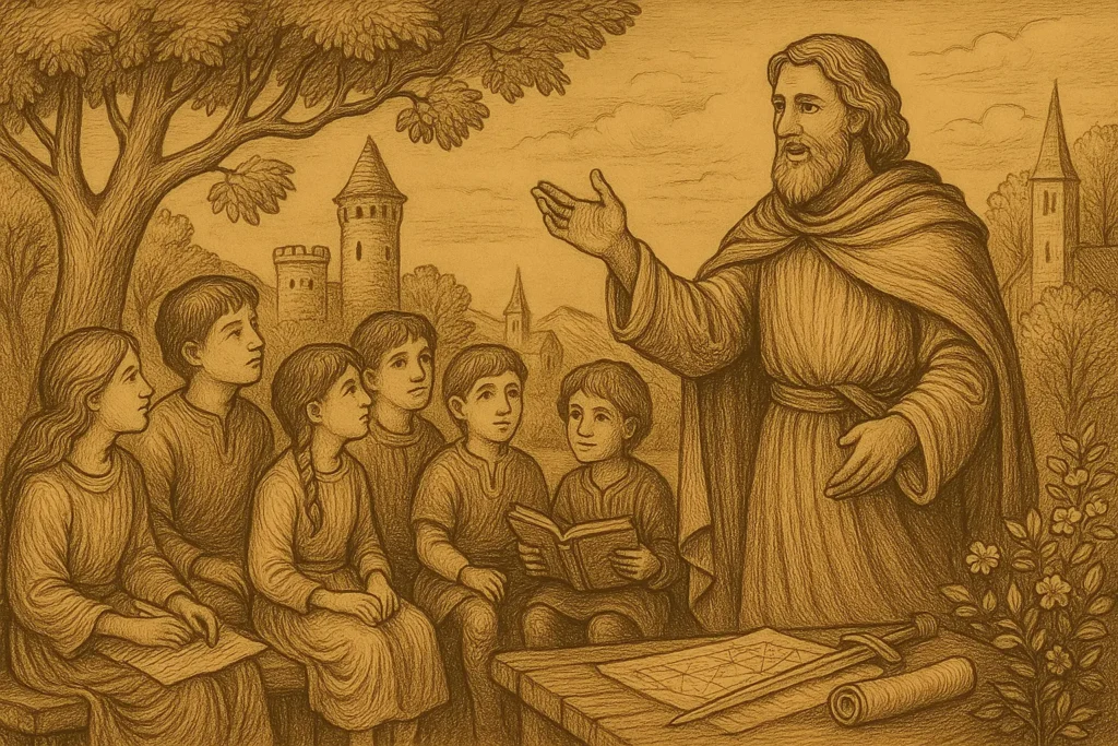A sepia-toned medieval-style illustration portraying “The Charismatic Mentor,” a noble figure in flowing robes standing on the right side, speaking passionately to a group of attentive children seated on stone benches in an outdoor classroom. The setting includes a blossoming tree, parchment scrolls, and a distant castle tower, evoking a sense of warmth, wisdom, and inspiration in a Roman-Gothic aesthetic