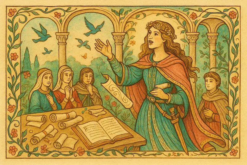 Medieval manuscript-style illustration of Christine de Pizan as “The Visionary Bard.” She stands in a floral-arched pavilion, passionately reading from a scroll to an engaged audience of noblewomen and scholars. Birds fly above as vines curl around the scene, with scrolls and an open book of verse on a wooden table, symbolizing creative expression, influence, and eloquence.