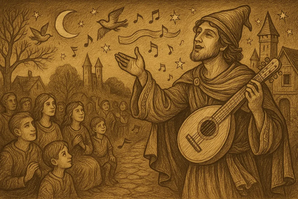 A sepia-toned medieval-style ink illustration of “The Visionary Bard,” depicted as an expressive figure standing under a moonlit sky, strumming a lute. He wears flowing robes and a pointed cap, radiating artistic energy. Musical notes float through the air, surrounded by birds, parchment scrolls, and distant castle towers. The scene includes glowing stars, a small rustic stage, and a mesmerized medieval crowd, all evoking harmony, wonder, and storytelling magic