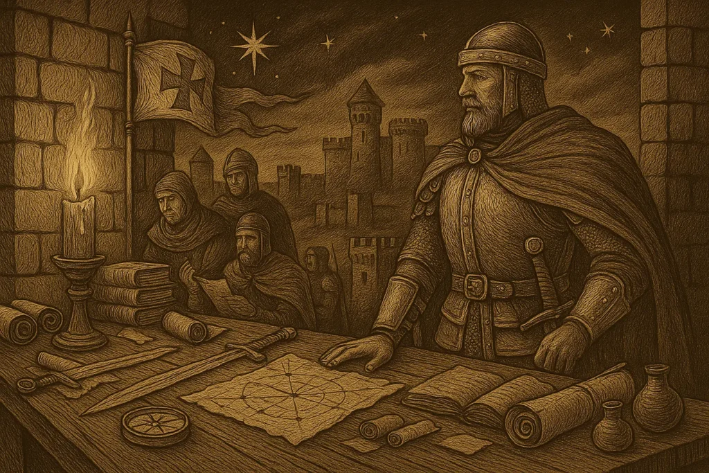 Medieval-style illustration of a warlord commander in ornate armor standing at a war table inside a stone tower. He stands on the right, surrounded by maps, scrolls, and a sword, gazing thoughtfully toward a distant battlefield seen through a large arched window. Behind him, loyal guards and scribes await commands. Gothic architecture, a fluttering banner, and dramatic sky details fill the scene, with aged parchment texture and intricate linework enhancing the vintage aesthetic