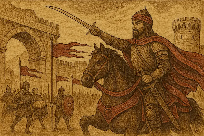 Medieval-style illustration of Saladin as “The Warlord Commander,” riding a warhorse in full armor with a flowing red cape. He raises a curved sword while leading troops out of a fortified city gate. Banners wave, drums beat, and soldiers march behind him, symbolizing leadership, strategy, and noble cause under a dramatic sepia-toned sky.