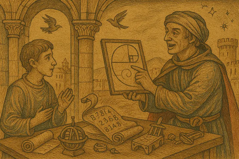 Medieval-style illustration of Leonardo Fibonacci as “The Rebel Innovator,” enthusiastically presenting the Fibonacci spiral to a young apprentice in a stone colonnade. Scrolls filled with numerals, early tools, and celestial diagrams surround them, while birds and stars appear above — symbolizing invention, curiosity, and unbounded imagination. Rendered in sepia tones with lively inkwork and parchment texture.