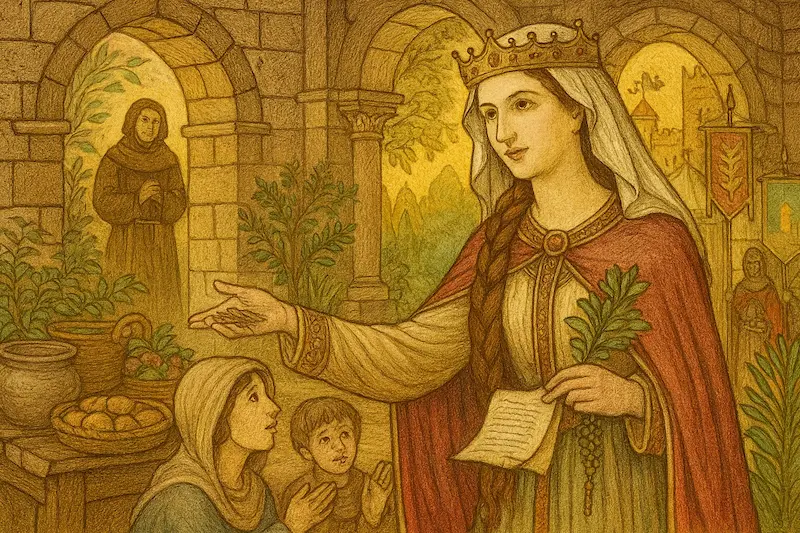 Medieval-style illustration of Elisabeth of Hungary as a noblewoman in a courtyard, offering bread and herbs to a mother and child, symbolizing care and compassion, with a monk watching in the background.