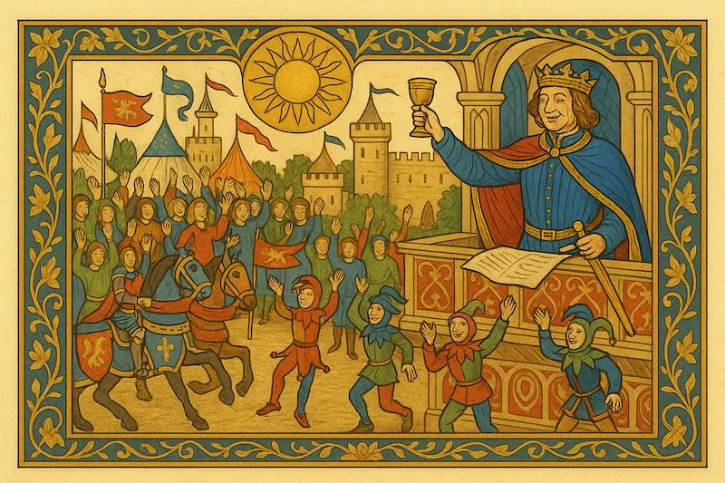Medieval-style illustration of King Edward III of England standing on a decorated balcony, raising a goblet joyfully over a festive royal tournament. Below, knights joust and jesters entertain a cheering crowd under fluttering banners and a golden sun motif. Rich manuscript borders frame the scene.