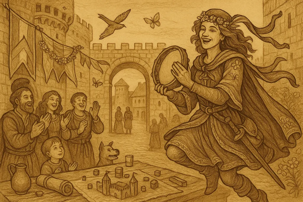 Medieval-inspired illustration of the ESFP Joyful Performer dancing and playing a tambourine in a lively castle courtyard, surrounded by smiling villagers, butterflies, birds, and festive decorations, symbolizing joy, celebration, charisma, creativity, and living fully in the present moment.