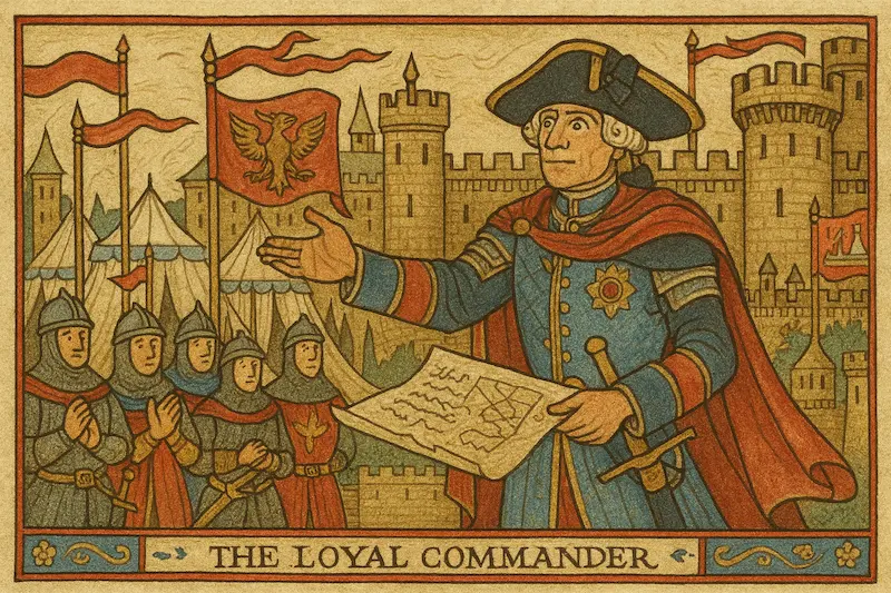 Medieval-style illustration of Frederick the Great as "The Loyal Commander," standing before a stone fortress. He holds a map in one hand and gestures with the other while addressing armored soldiers. Red banners and military tents flank the scene, symbolizing order and authority in a Gothic manuscript style.