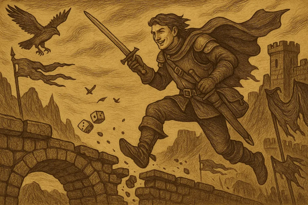 Medieval-inspired illustration of the ESTP Daring Maverick leaping across a broken stone bridge with sword in hand, flying dice beneath him, castle towers and mountain cliffs in the background, symbolizing courage, risk-taking, adventure, and living in the moment.