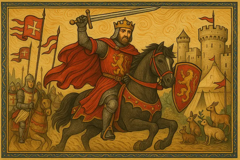 Medieval-style illustration of Richard the Lionheart, crowned and armored, charging forward on a black warhorse. He raises a sword high and carries a red shield with a golden lion emblem. Behind him, knights on horseback wave crusader banners near a fortified castle and tents, with animals observing from the foreground. The scene is framed with Gothic manuscript borders.