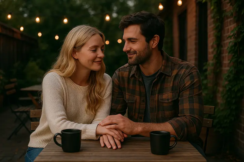 Loving couple sitting at an outdoor café, holding hands and smiling at each other under string lights, representing the emotional compatibility and deep devotion between Taurus and Cancer partners.