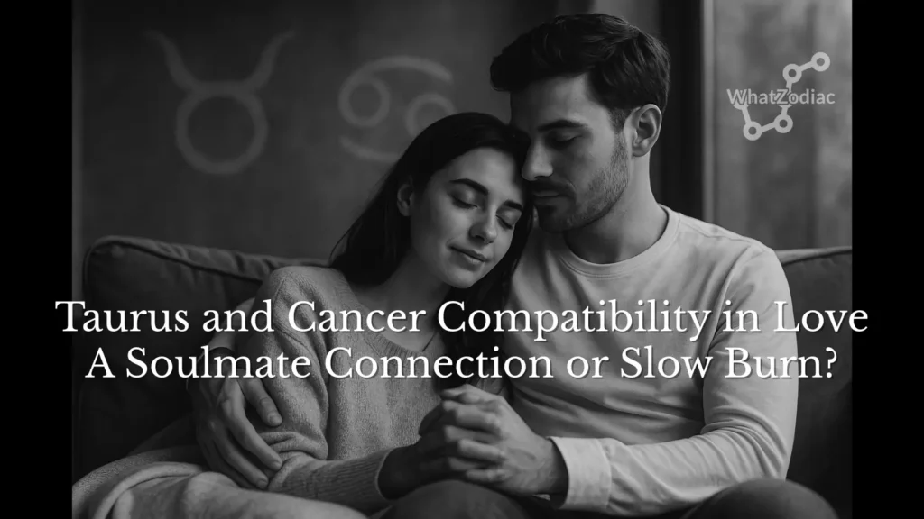Black and white image of a loving couple embracing on a sofa, with Taurus and Cancer zodiac symbols in the background and article title overlayed, representing Taurus and Cancer compatibility love in a soulful and emotional relationship.