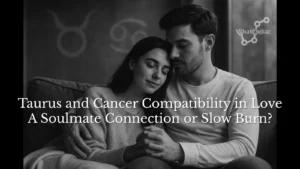 Black and white image of a loving couple embracing on a sofa, with Taurus and Cancer zodiac symbols in the background and article title overlayed, representing Taurus and Cancer compatibility love in a soulful and emotional relationship.