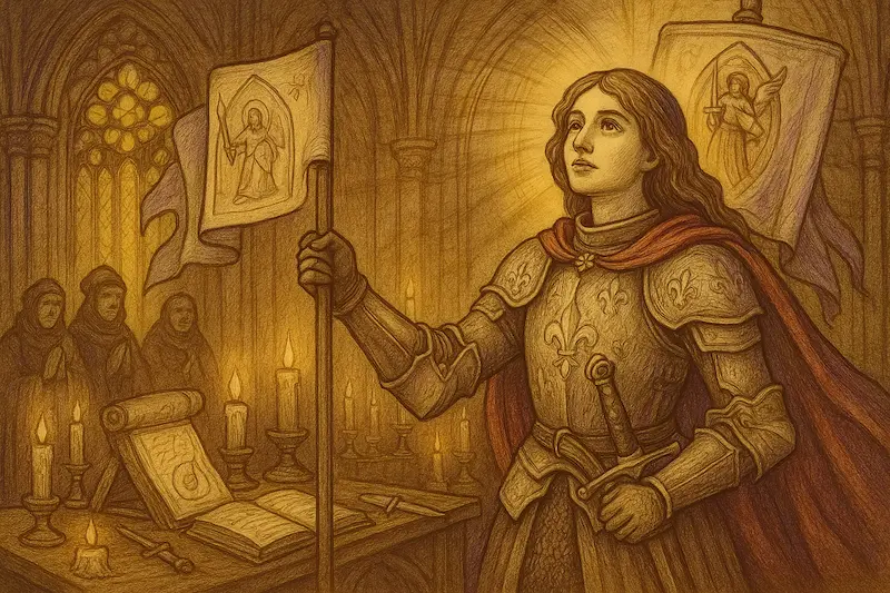 Medieval-style illustration of Joan of Arc as “The Mystic Guardian,” standing in radiant armor within a candlelit cathedral. She holds a holy banner and gazes upward with divine conviction. Behind her, monks and scrolls lie on a table, while stained glass windows glow — symbolizing spiritual vision, faith, and sacred duty. Rendered in golden sepia tones on parchment with Gothic details.