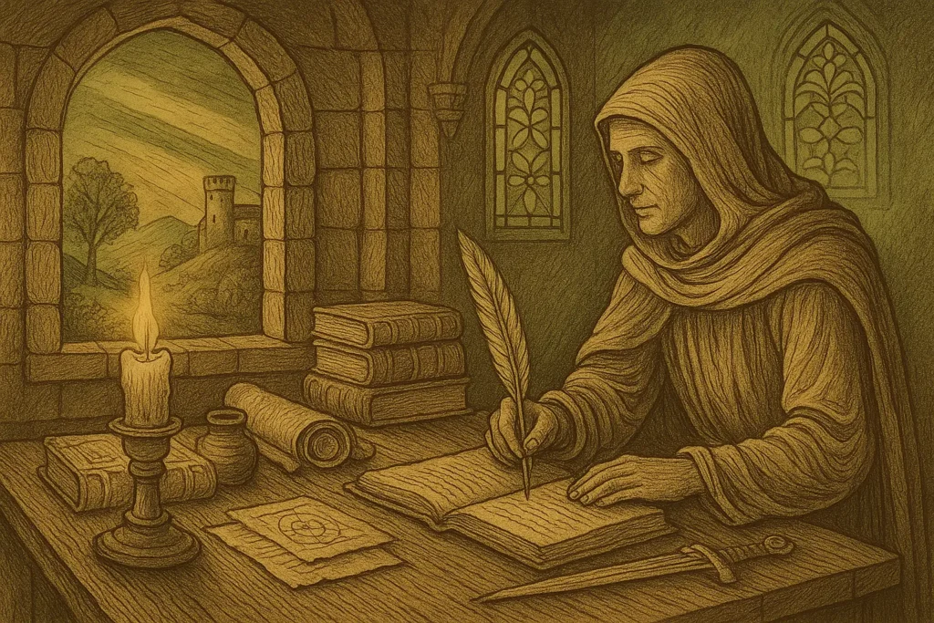 A sepia-toned medieval-style illustration depicting "The Mystic Guardian" seated on the right side in a candlelit stone chamber. He wears flowing monk-like robes and gently writes into a sacred manuscript beside glowing candles, scrolls, and a healing herb pouch. The left side shows a soft stained-glass light beam streaming through a tall arched window, revealing a serene hillside vista and a glowing candle, evoking spiritual depth, wisdom, and solitude