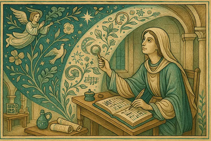 Medieval manuscript-style illustration of Hildegard of Bingen as “The Dream Weaver.” She sits at a wooden desk in an abbey scriptorium, gazing upward while writing musical notations in a book. Above her, a radiant vision of swirling stars, angels, flowers, and birds unfurls across the scene, representing divine inspiration. The palette features emerald, cream, and celestial blue, framed in floral medieval motifs.