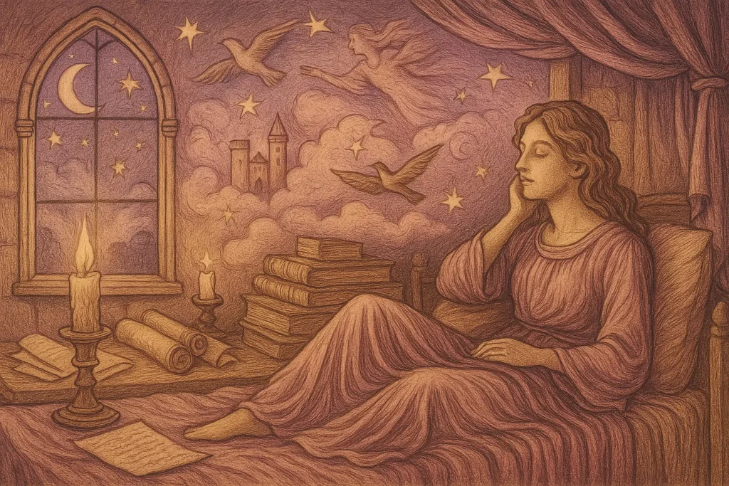 Medieval-style sepia-toned illustration of a serene woman reclining on a canopy bed, symbolizing the INFP personality “The Dream Weaver.” She gazes thoughtfully into the distance, surrounded by candlelight, scrolls, and books. Above her, symbolic dreams emerge — floating castles, stars, birds, and an ethereal female figure in the clouds. A crescent moon and stars shine through a Gothic arched window, with parchment scattered nearby, evoking introspection, creativity, and imagination