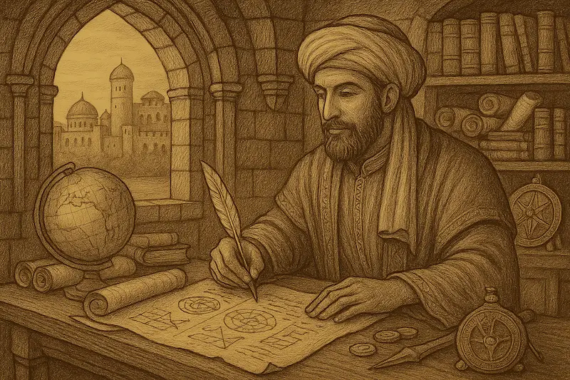 A medieval-style illustration of Ibn Khaldun, depicted as “The Master Strategist.” He sits at a stone-arched desk overlooking a domed Islamic city, drawing complex geometric diagrams on parchment. Surrounded by scrolls, books, a globe, and scientific tools like an astrolabe, he symbolizes intellectual foresight. The artwork uses sepia tones and fine inkwork to capture scholarly depth and strategic contemplation.