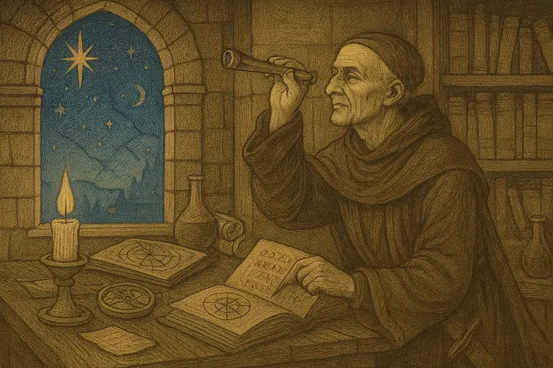 Medieval-style illustration of Roger Bacon, a scholarly monk seated in a candlelit study, observing the night sky through a telescope. Surrounded by books, star charts, and scientific instruments, he symbolizes deep intellectual curiosity and rational exploration.