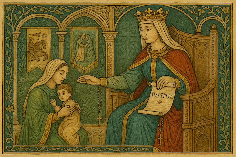 Medieval-style illustration of Queen Isabella of Castile seated on a grand throne, wearing a golden crown and royal robes. She holds a scroll labeled “IVSTITIA” (Justice) and gently extends a rosary to a mother holding a child. Behind them, banners and decorative arches frame the scene in rich Gothic detail with muted blue, red, and gold tones.