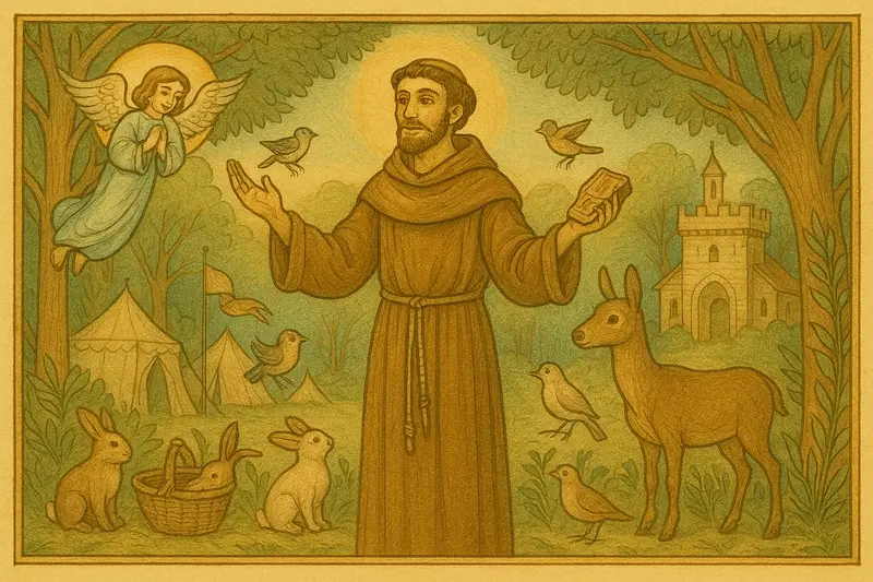 Medieval-style illustration of St. Francis of Assisi standing in a forest clearing with arms open in peaceful blessing. He is surrounded by birds, rabbits, and a deer, while an angel watches from above. A chapel and tents are visible in the background, and soft golden hues illuminate the scene with earthy greens and browns.