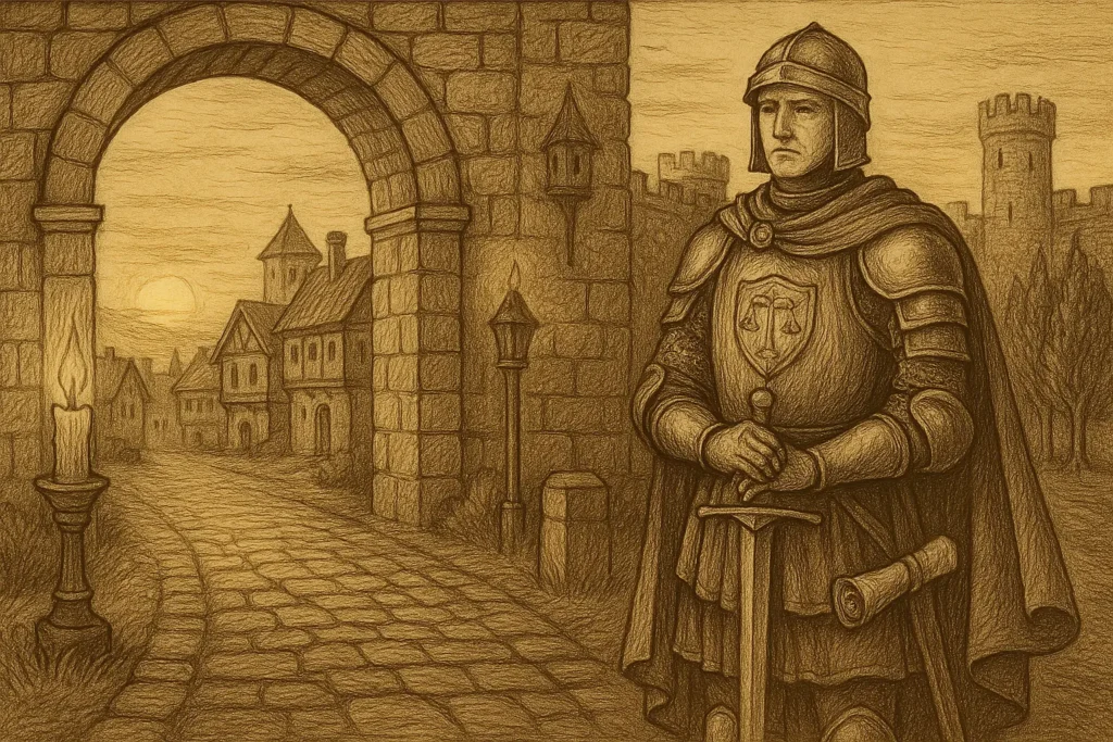 A sepia-toned medieval-style illustration depicting "The Stoic Sentinel" — a solemn, armored knight standing vigil beside a fortified city gate at dawn. He holds a sword upright with both hands, and a scroll is tucked beneath his cloak. Behind him, a quiet village and castle towers rise under a golden morning sky, while stone paths and candlelight enhance the scene's calm, structured atmosphere