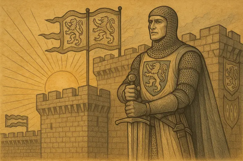 Medieval-style sepia-toned illustration of William Marshal in full chainmail and armor, standing firmly with both hands resting on a sword. Behind him, lion-crested flags wave atop a fortified stone castle at sunrise. His stoic expression and upright posture convey loyalty and duty.