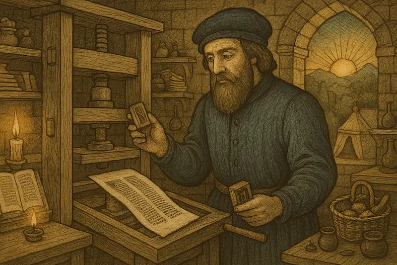 Medieval-style sepia-toned illustration of Johannes Gutenberg in a candlelit workshop, carefully placing movable type blocks onto a printing press. Shelves of tools and books surround him, and a warm sunrise glows through a stone-arched window in the background.