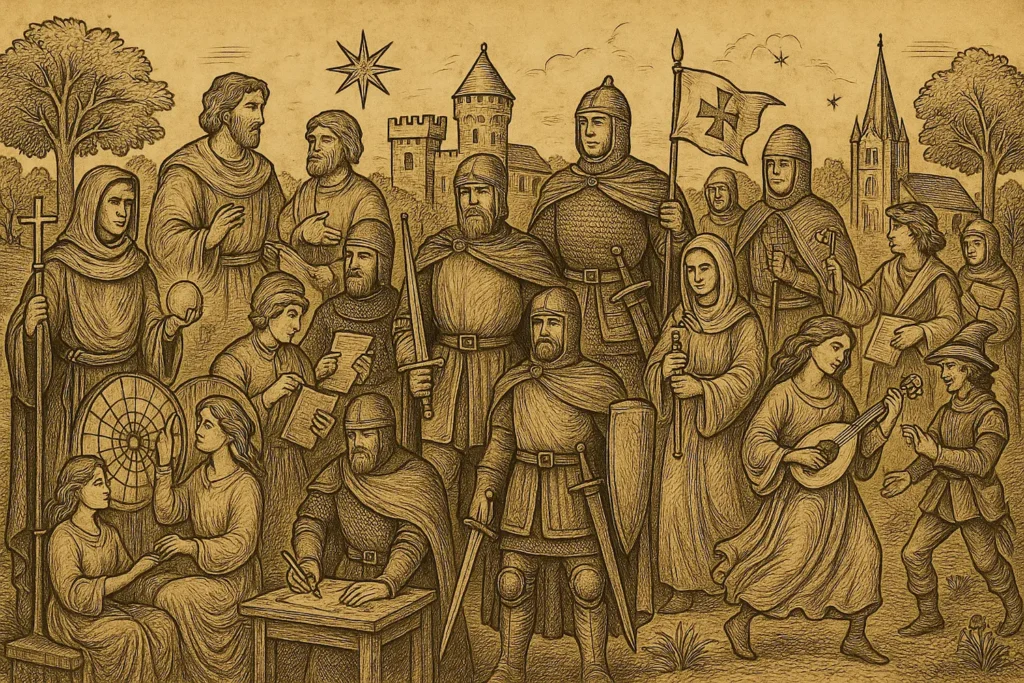 Medieval-style illustration showing all 16 MBTI personality types interacting in a harmonious village setting. Characters are engaged in roles such as performing, leading, crafting, teaching, and exploring, with symbolic medieval architecture, trees, and parchment-toned linework