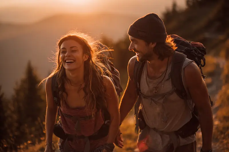 An adventurous couple hiking together on a mountain trail at sunset, laughing and holding hands, symbolizing the vibrant energy and ideal chemistry found in the Aries compatibility