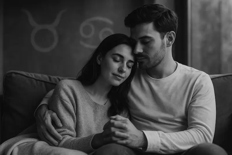 Black and white photo of a loving couple cuddling on a sofa with eyes closed, holding hands in peaceful connection, with Taurus and Cancer zodiac symbols faintly visible in the background, representing zodiac compatibility in love.