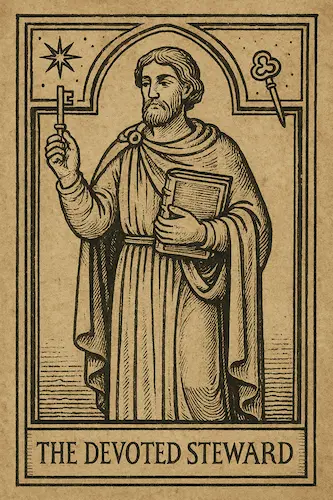 Vintage-style illustration of the ESFJ personality type, titled "The Devoted Steward", featuring a robed man holding a key and a book beneath celestial symbols, representing responsibility, care, and moral guidance