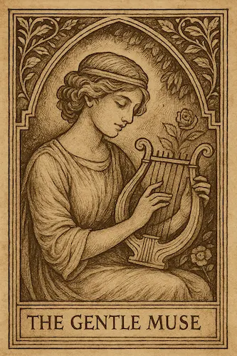 Vintage illustration of the ISFP personality type, titled "The Gentle Muse", depicting a peaceful woman playing a lyre surrounded by floral motifs, symbolizing beauty, harmony, and quiet emotional depth