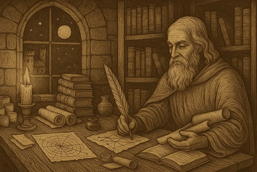 Medieval-style illustration of the INTP personality, "The Scholar Sage", showing a bearded scholar in robes writing with a quill at a candlelit desk, surrounded by scrolls, books, and celestial diagrams, with moonlight streaming through a stone-arched window in a study filled with ancient knowledge