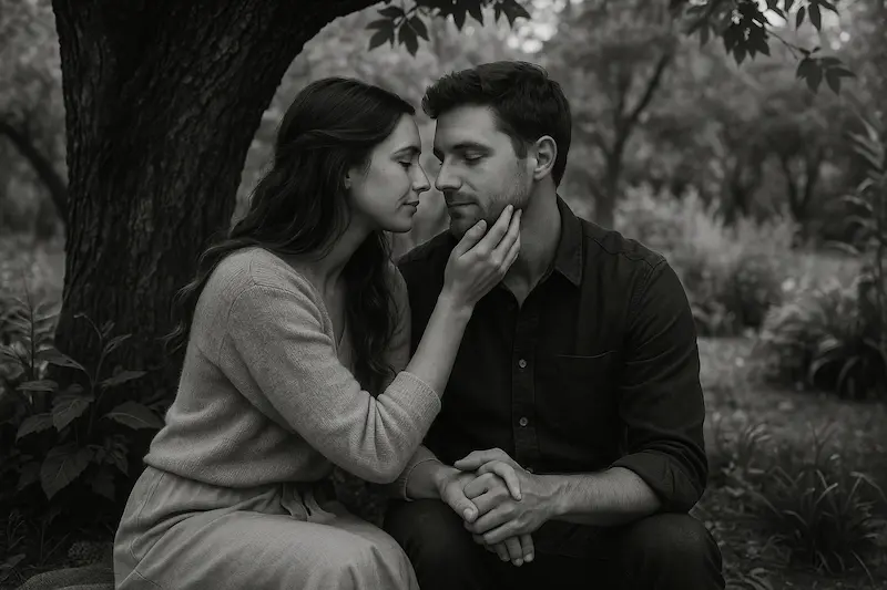 Romantic black and white photo of a couple sitting under a tree, with the woman gently touching the man's face, symbolizing emotional connection and understanding between Taurus and Cancer zodiac signs.