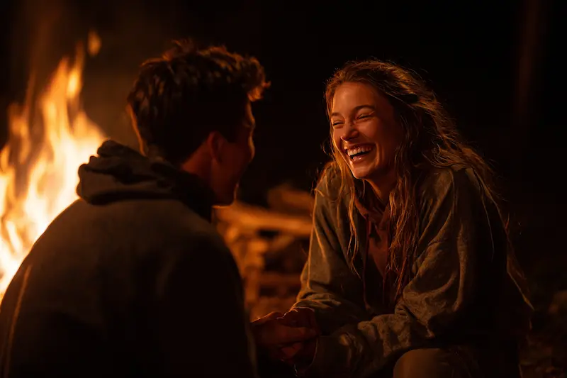 A young couple smiling and laughing together while sitting near a bonfire at night, sharing a warm and romantic moment outdoors.
