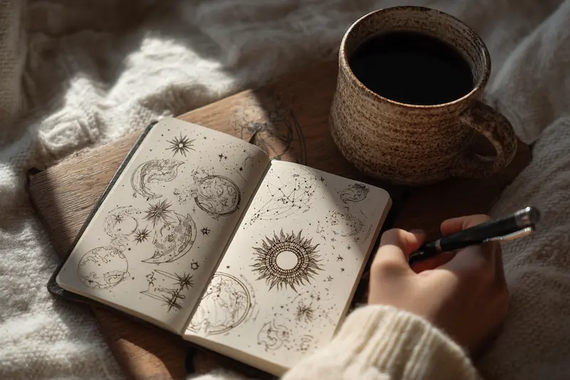 A cozy morning scene with a person sketching zodiac constellations and celestial symbols in a notebook, paired with a cup of coffee — reflecting introspection and the search for the best matches for Aries in astrology.