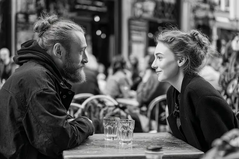 A man and woman sharing a romantic moment at a street café, representing the best matches for Aries, as they gaze into each other’s eyes with soft smiles in a lively city setting.