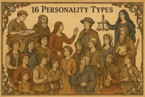 Medieval-style illustration of the 16 personality types, showing diverse figures symbolizing different MBTI traits and characteristics
