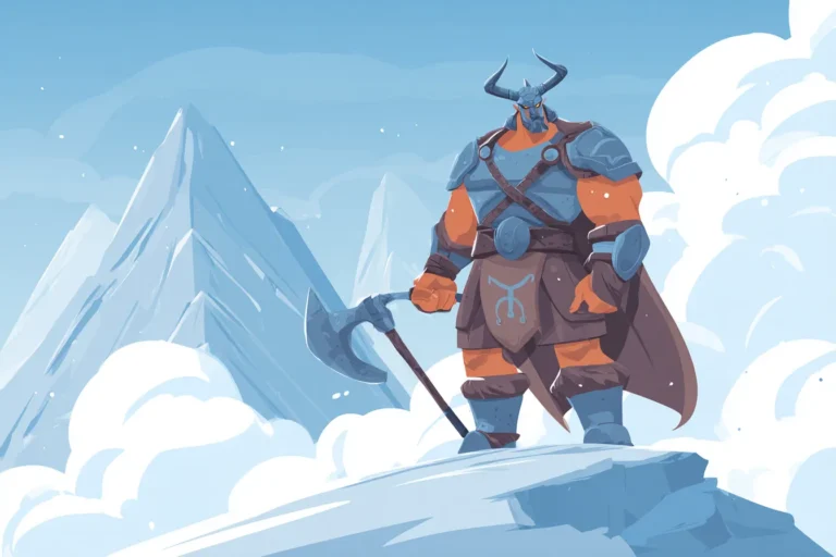Flat cartoon illustration of Capricorn zodiac warrior in horned helmet and mountain-style armor, holding a large battle axe, standing on snowy peak with Capricorn symbol glowing on chest, symbolizing the mountain climber strength