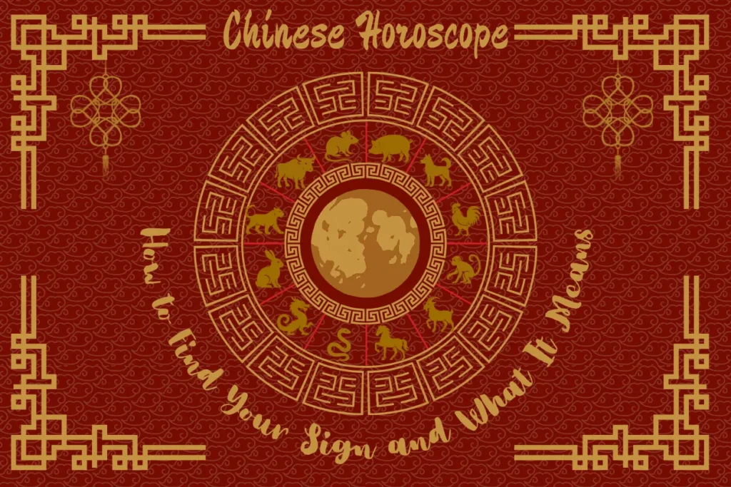 Chinese Horoscope feature image with ornate red and gold design, showing the twelve Chinese zodiac animals arranged in a circular pattern around a glowing moon, with decorative borders and the title 'Chinese Horoscope: How to Find Your Sign and What It Means