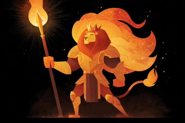 Flat cartoon illustration of Leo zodiac warrior with lion head and golden crown, wearing radiant armor, holding a blazing torch spear, symbolizing Leo as the strongest zodiac sign leader