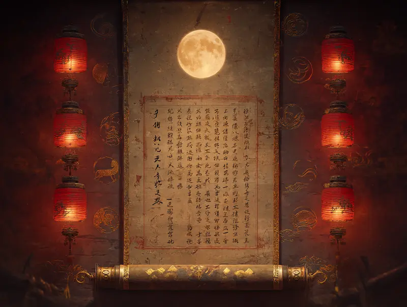 Ancient Chinese scroll illuminated by a glowing full moon and surrounded by red lanterns, symbolizing the Lunar Calendar and traditional Chinese culture, with calligraphy text and ornate golden decorations on a dark red background