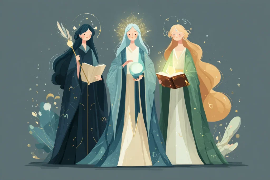 Flat cartoon illustration of zodiac scholars representing Capricorn, Aquarius, and Virgo, wearing flowing robes and glowing halos, Capricorn holding a staff and book, Aquarius with a glowing crystal sphere, Virgo with an open shining book, symbolizing the most mentally strong zodiac signs