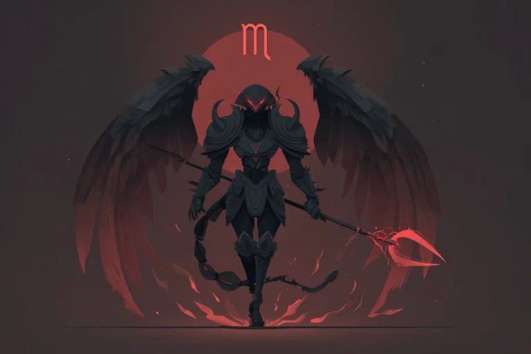 Flat cartoon illustration of Scorpio zodiac warrior in dark armor with large black wings, holding a glowing red spear, scorpion tail aura behind, symbolizing Scorpio as the unbreakable survivor