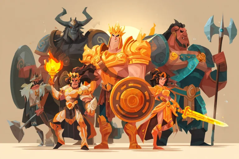 Flat cartoon illustration of heroic zodiac warriors in golden and armored outfits, standing together like a movie poster with weapons and shields, symbolizing the strongest zodiac signs