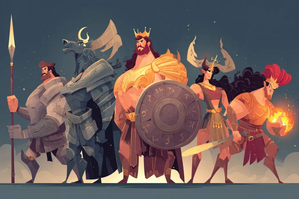 Flat cartoon illustration of five zodiac warriors standing together like heroes, including Leo with crown and shield, Taurus with bull head armor, Aries with flaming fists, and other zodiac leaders in golden and silver armor, symbolizing the strongest zodiac signs