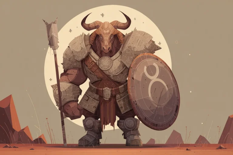 Flat cartoon illustration of Taurus zodiac warrior with bull head and heavy stone armor, holding a large spear and round shield marked with Taurus symbol, standing strong against rocky landscape