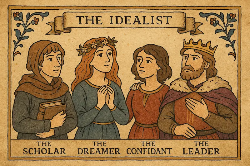 Medieval-style illustration of the Idealist personality group, showing the Scholar, the Dreamer, the Confidant, and the Leader as symbolic figures