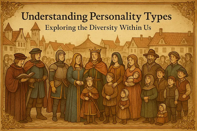 Medieval-style illustration of diverse people in a town square symbolizing different personality types, with the title Understanding Personality Types – Exploring the Diversity Within Us